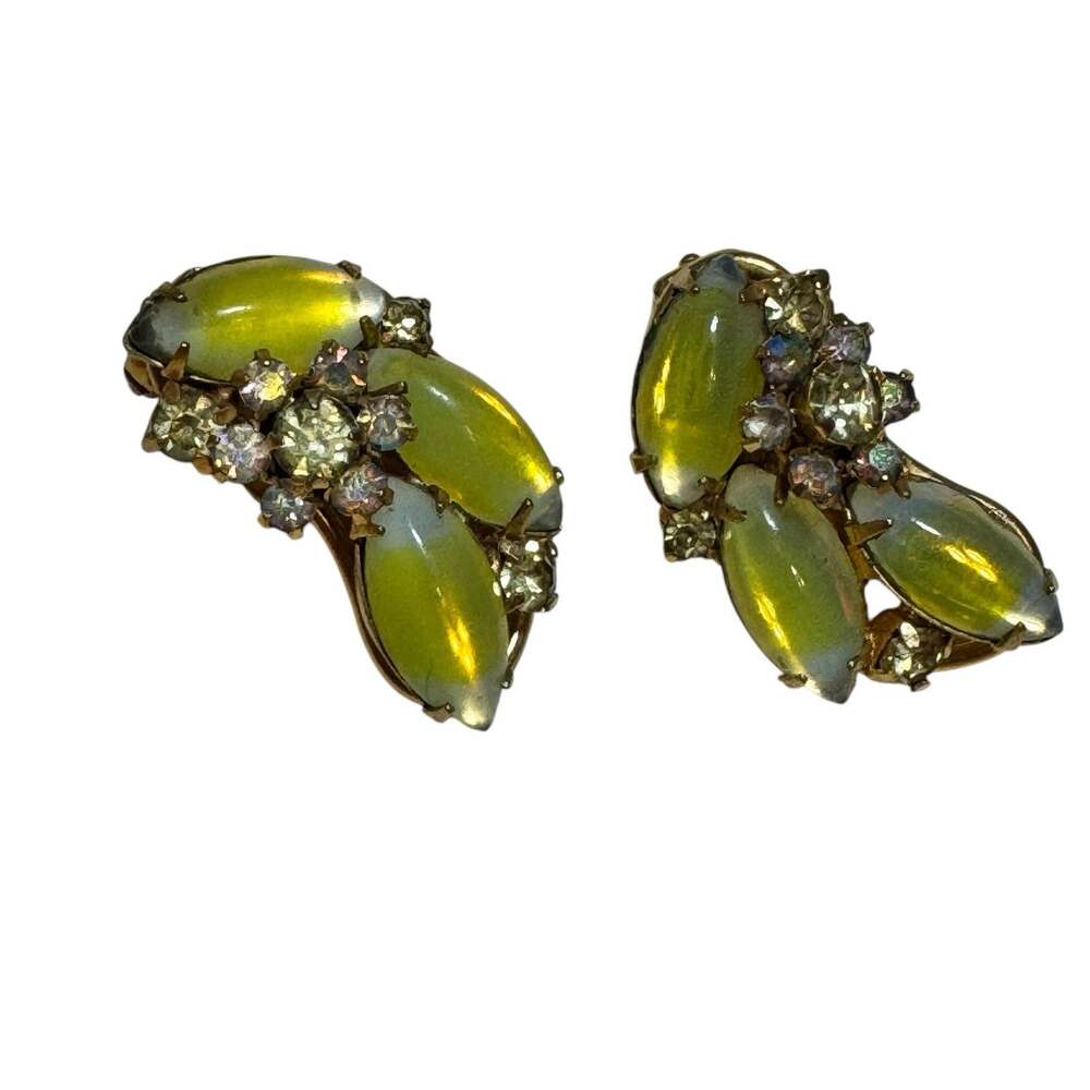 Vintage Yellow Glass Rhinestone Clip On Earrings Costume Jewelry Regal Glam